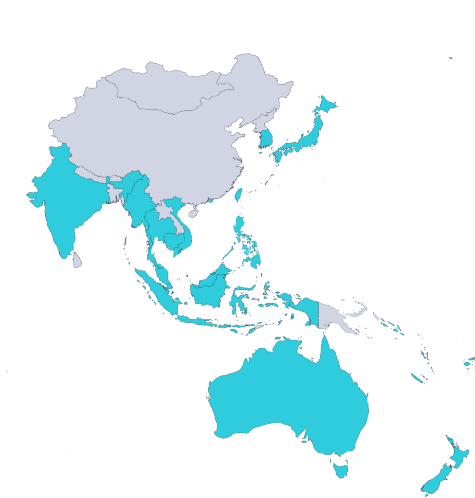 Map of APAC with Brunei, Cambodia, Indonesia, Malaysia, Myanmar, Philippines, Singapore, Thailand, Vietnam, Hong Kong, Japan, South Korea, Australia, Fiji, New Caledonia, New Zealand, Samoa, Solomon Islands, India, American Samoa, and Taiwan highlighted.