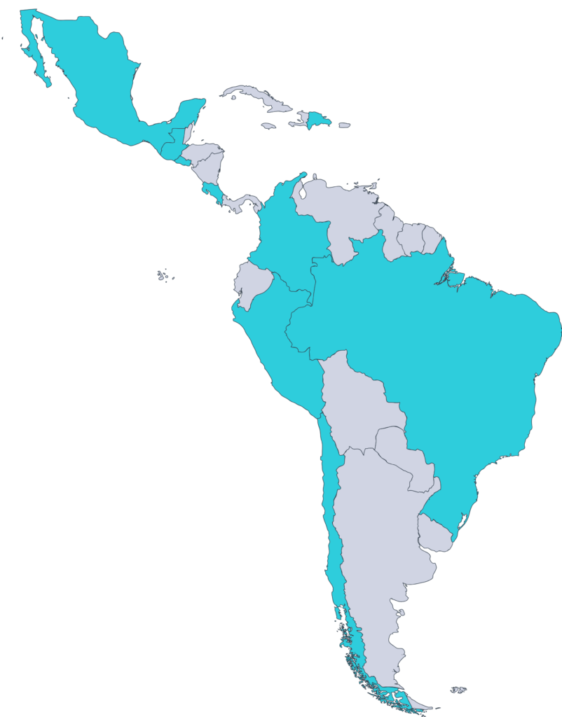 Mapa de América Central y del Sur con México, Guatemala, El Salvador, Costa Rica, República Dominicana, Colombia, Perú, Chile y Brasil resaltados.